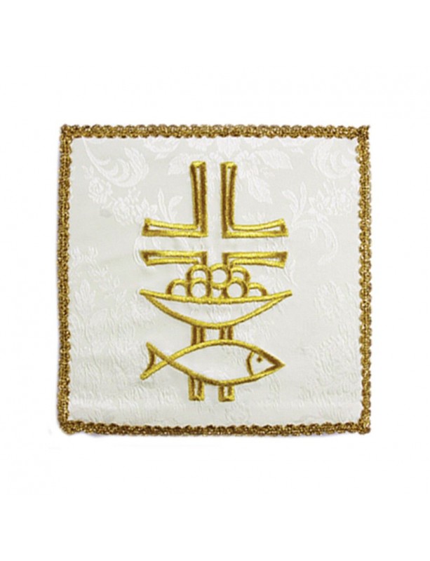 White embroidered chalice pall - Fish, cross