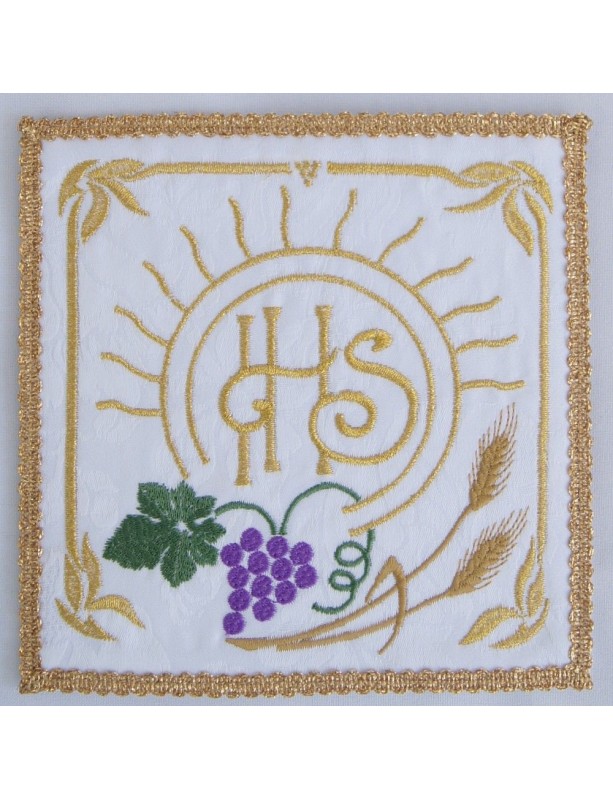 Ecru embroidered chalice pall - IHS, ears, grapes