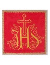 Embroidered red chalice pall - IHS + Cross