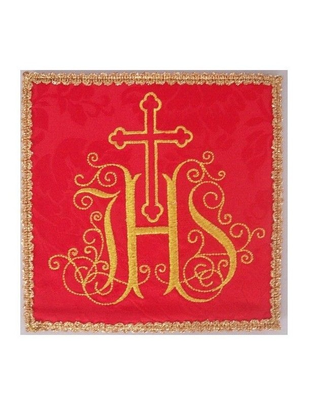 Embroidered red chalice pall - IHS + Cross