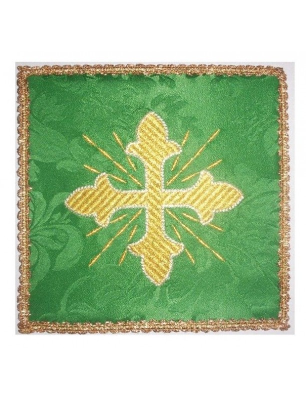 Grünes gesticktes Kelchtuch - goldenes Kreuz + Strahlen