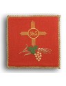 Red embroidered chalice pall - IHS in circle, cross, ears