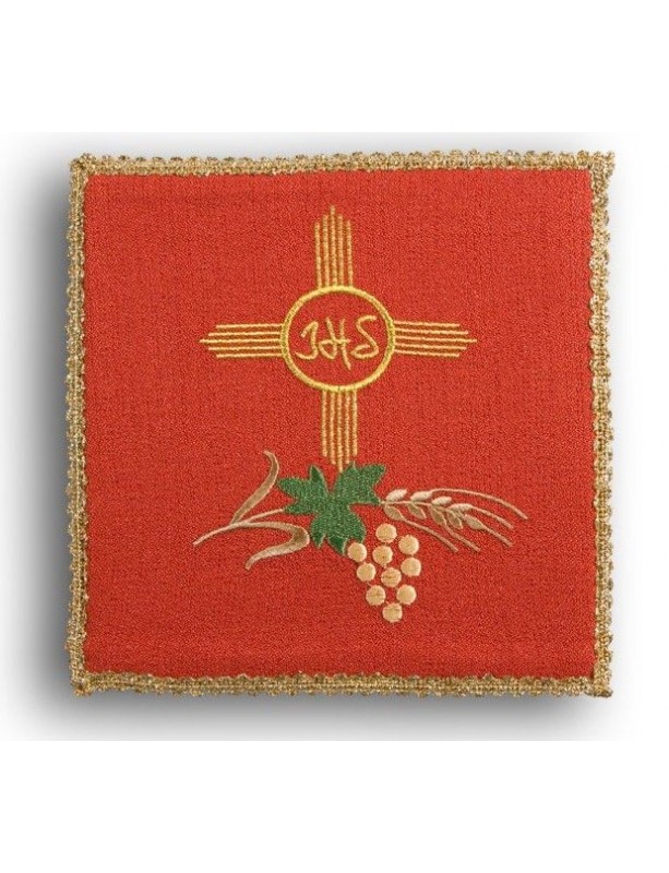 Red embroidered chalice pall - IHS in circle, cross, ears