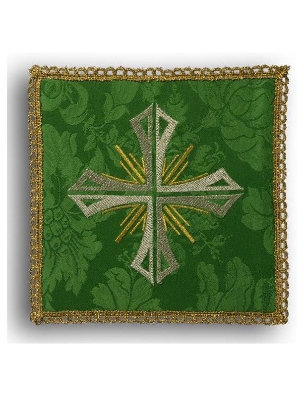 Green embroidered chalice pall - Cross + rays (2)