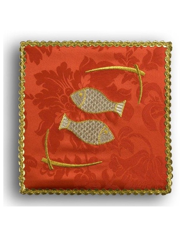 Embroidered red chalice pall - Fish