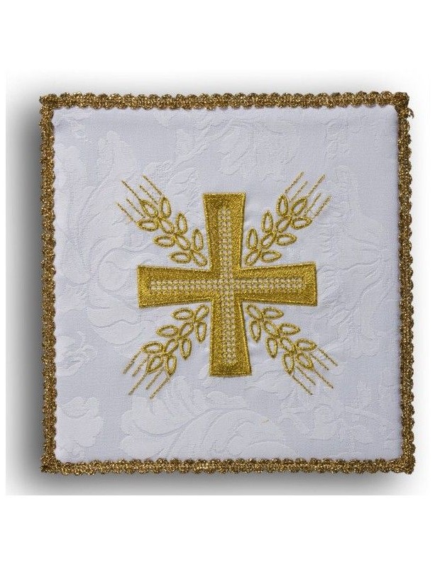 White embroidered chalice pall - Cross and ears