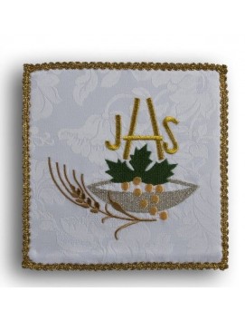 White embroidered chalice pall - IHS + green grape leaf