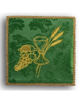 Embroidered green chalice pall - chalice + grapes