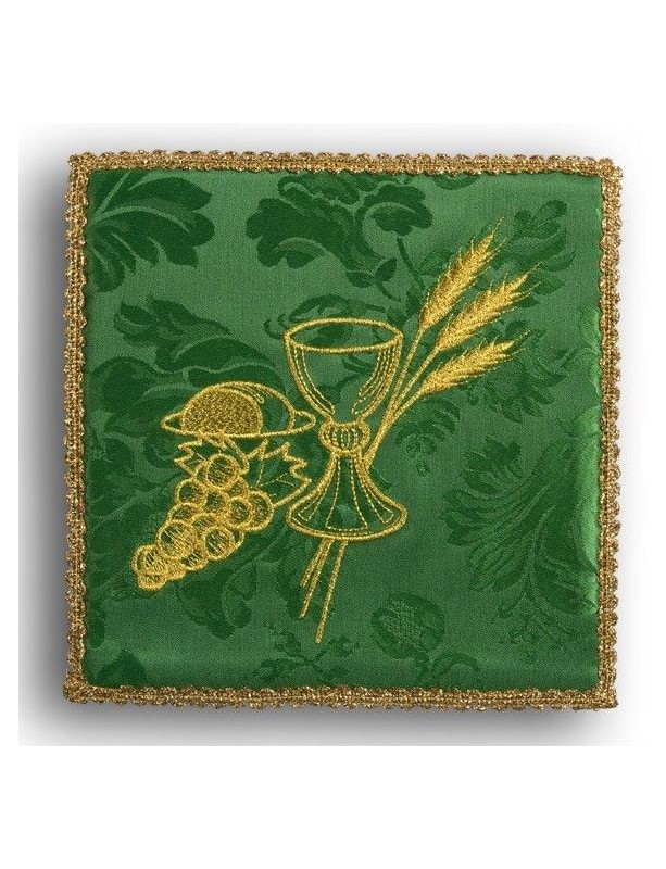 Embroidered green chalice pall - chalice + grapes
