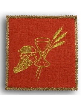 Embroidered red chalice pall - chalice + grapes