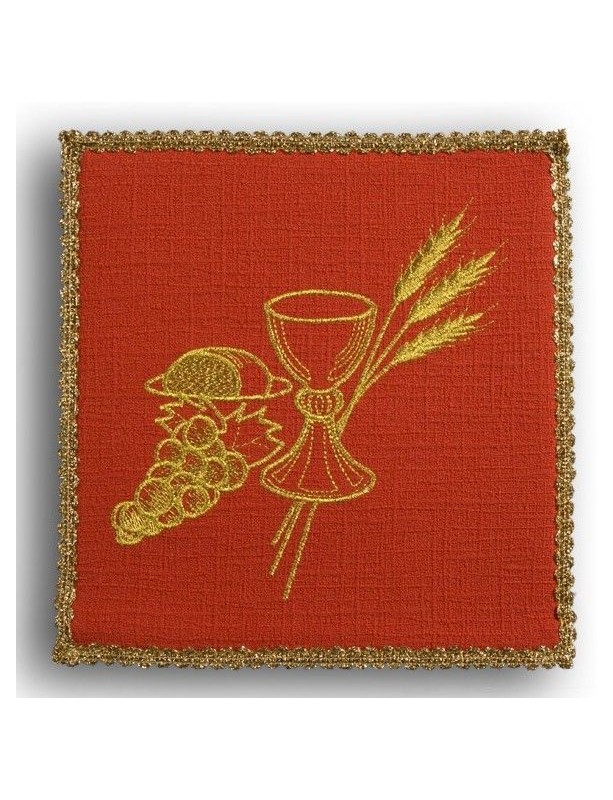 Embroidered red chalice pall - chalice + grapes