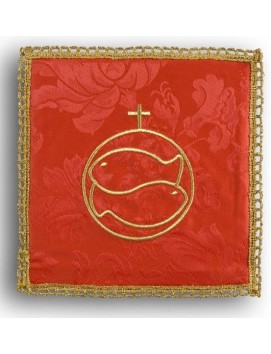 Embroidered red chalice pall - Fish + cross