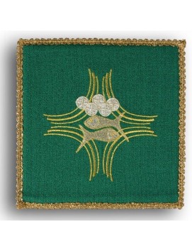 Green embroidered chalice pall - Fish + bread