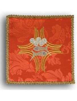 Embroidered red chalice pall - Fish + bread