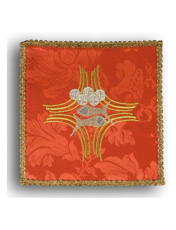 Embroidered red chalice pall - Fish + bread