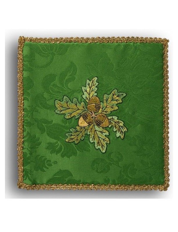 Green embroidered chalice pall - acorns
