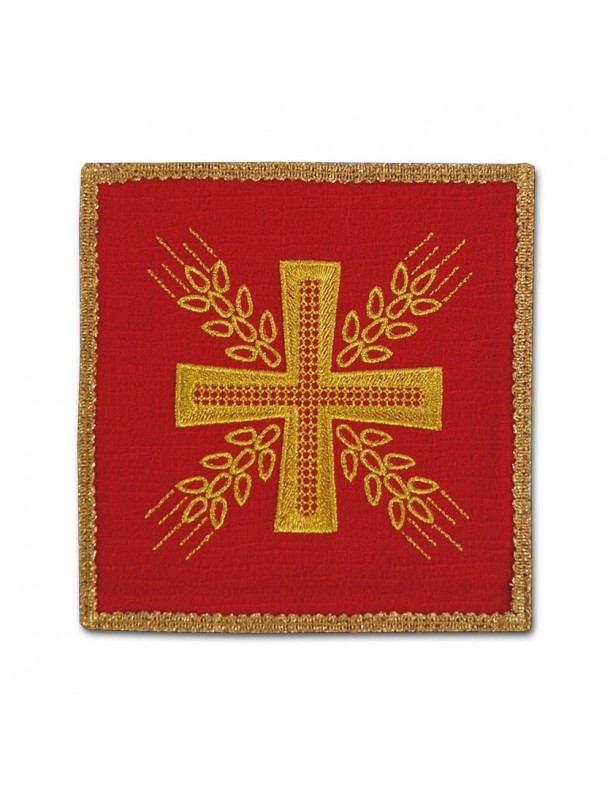 Red embroidered chalice pall - Cross and ears
