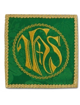 Green embroidered chalice pall - IHS in circle + cross