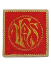 Red embroidered chalice pall - IHS in circle + cross