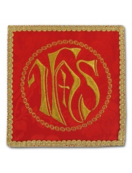 Red embroidered chalice pall - IHS in circle + cross