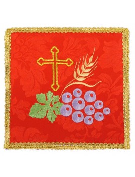 Embroidered red chalice pall - Cross, grape, ears