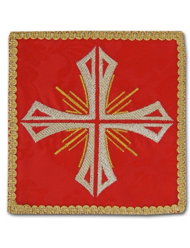 Rotes gesticktes Kelchtuch - Kreuz + Strahlen
