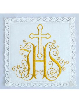 Cáliz pall blanco bordado oro IHS