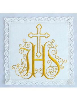 Chalice pall white embroidered gold IHS