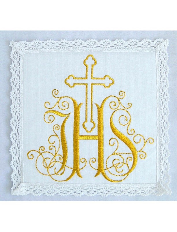 Cáliz pall blanco bordado oro IHS