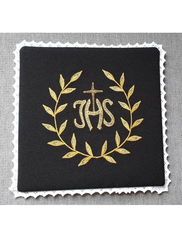 Embroidered chalice pall black IHS + ornament