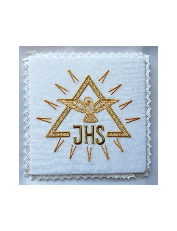 Chalice pall embroidered ecru IHS, Holy Spirit (3)