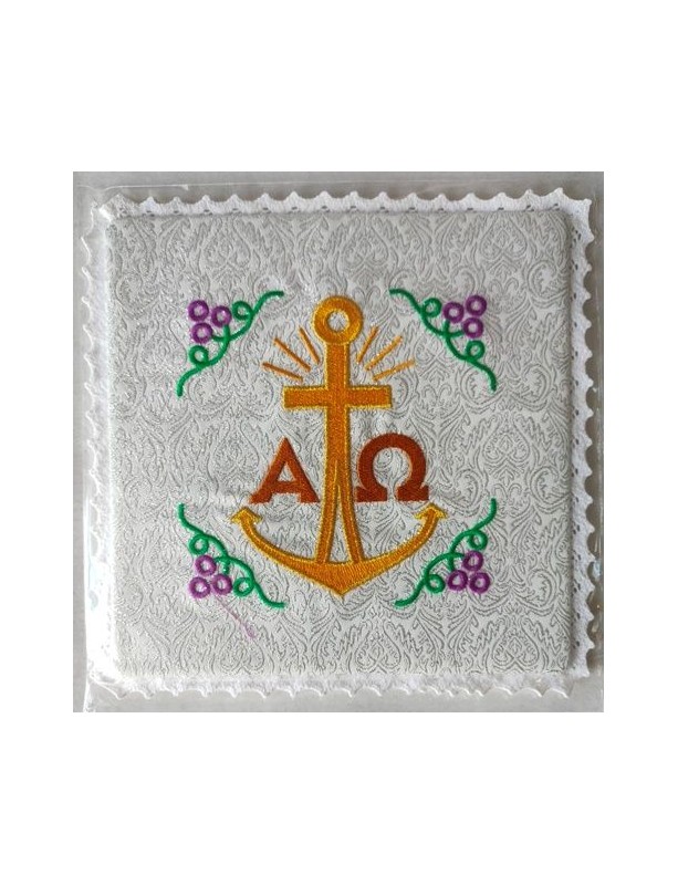 Chalice pall embroidered ecru, silver patterns - Alpha and Omega
