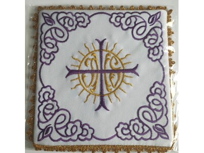 Vyšitý závoj kalicha IHS + fialový ornament (22)