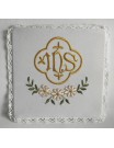 Chalice pall embroidered IHS gold, white flowers (30)