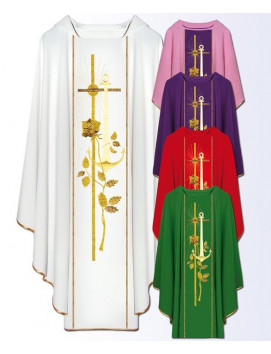 Catholic Liturgical Chasuble with Cross and Anchor Gold Embroidery