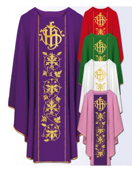 Chasuble with IHS Symbol and Floral Vine Embroidery - 5 Colors