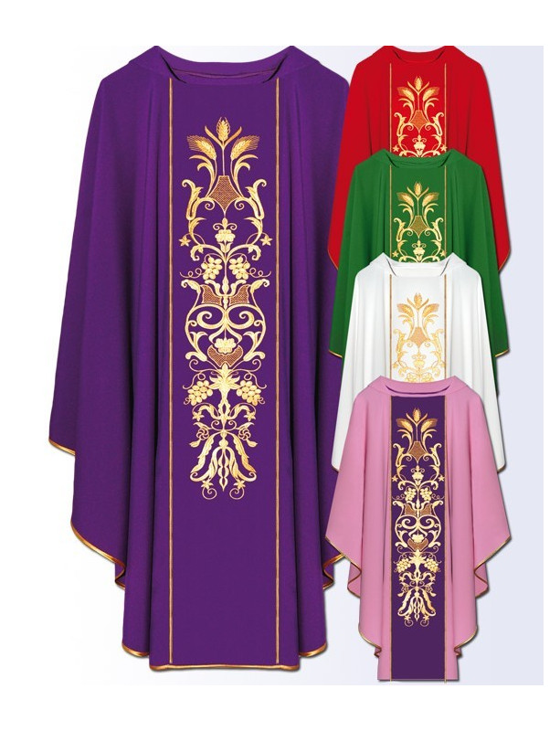 Catholic Liturgical Chasubles with Ornate Gold Floral and Wheat Embroidery