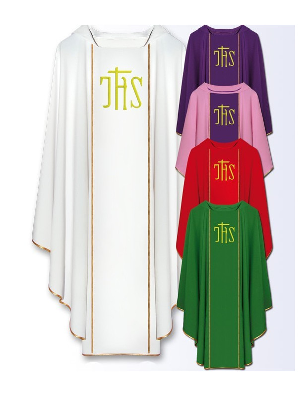 Casula tradizionale per sacerdote con monogramma IHS ricamato in tutti i colori liturgici