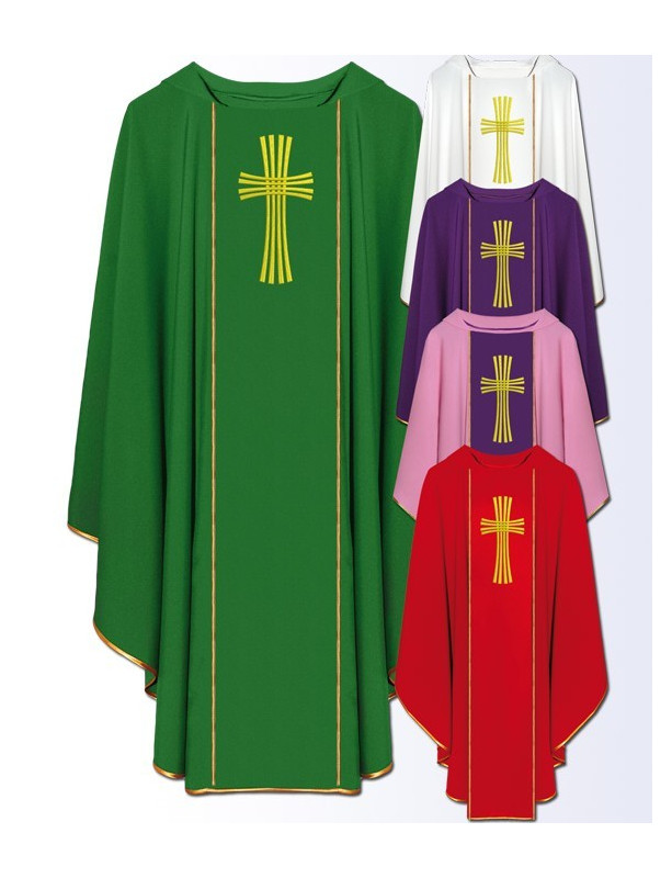 Priest Chasuble with Embroidered Gold Cross in Multiple Liturgical Colors