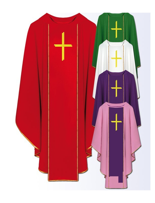 Liturgical Chasuble Set with Embroidered Cross Design – Multi-Colored Vestments for Catholic Priests