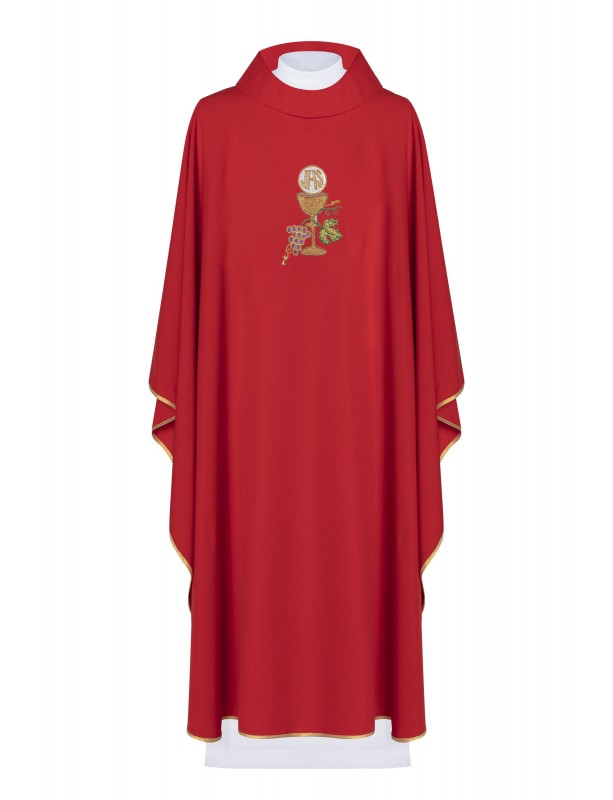 Embroidered chasuble with chalice, IHS and grapes - red (H47)
