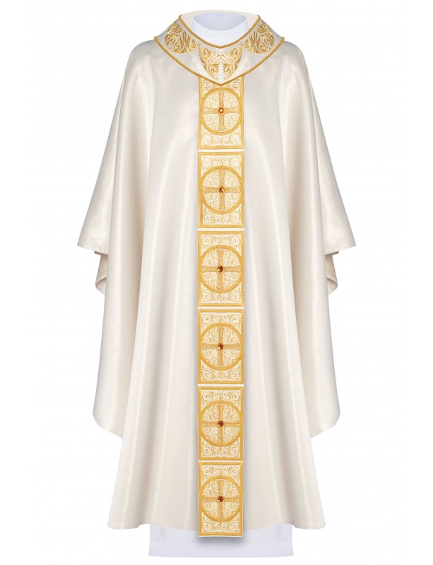 Chasuble richement brodée, pierres décoratives - écru (H60)