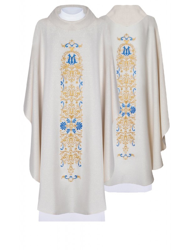 Chasuble embroidered with the symbol of Our Lady - ecru brocade (H84)