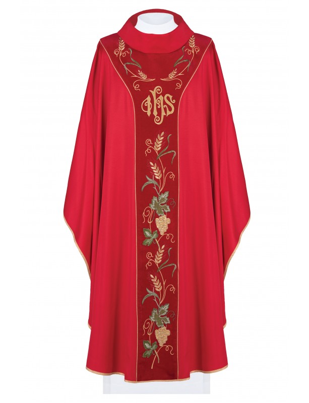 Chasuble richly embroidered IHS and grapes - red (H104)