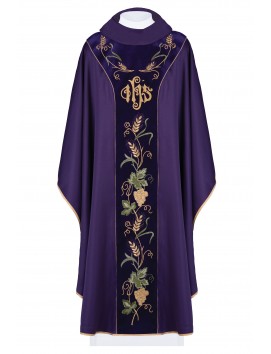 Chasuble richly embroidered IHS and grapes - purple (H105)