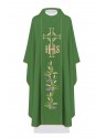 Embroidered chasuble with the symbol of IHS, Cross, and grapes - green (H108)