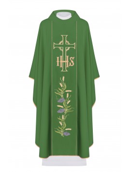 Embroidered chasuble with the symbol of IHS, Cross, and grapes - green (H108)