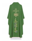 Embroidered chasuble with the symbol of IHS, Cross, and grapes - green (H108)