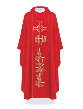 Embroidered chasuble with the symbol of IHS, Cross, and grapes - red (H109)