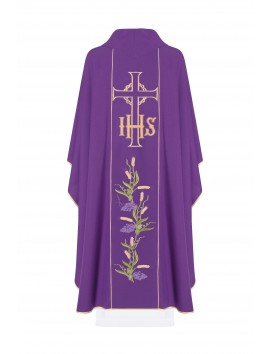 Chasuble brodée avec symbole de IHS, Croix et raisins - violet (H110)